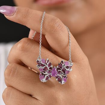 GP Trionfo Kollektion - Ilakaka Rosa Saphir (Fissure gef&uuml;llt), Lotus Granat Halskette ca. 45 cm 925 Silber rhodiniert ca. 7.36 ct