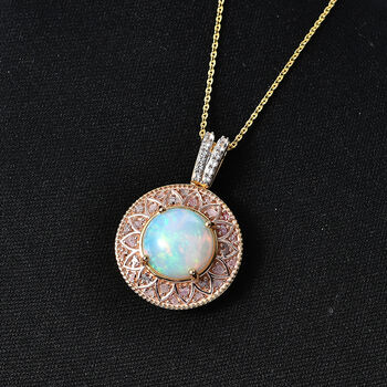 D'Joy AAA nat&uuml;rlicher, &auml;thiopischer Welo Opal, rosa Diamant und Zirkon Anh&auml;nger mit 50cm Kette - 3,70 ct.