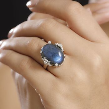 GP Kollektion - AAA Labradorit, Wei&szlig;er Zirkon Ring 925 Silber rhodiniert (Gr&ouml;&szlig;e 17.00) ca. 18,65 ct