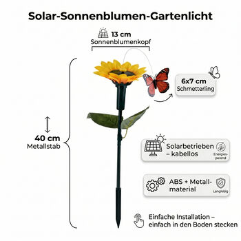 Solarleuchte, Sonnenblume mit Schmetterling, 40cm Stab, 13cm Bl&uuml;te, Gelb
