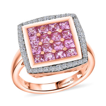 Luxuriant - AA Lab Grown Rosa Saphir, Wei&szlig;er Zirkon Ring 925 Silber 750 Ros&eacute;gold Vermeil (Gr&ouml;&szlig;e 18.00) ca. 2.24 ct