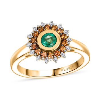 Regal Halo - D joy Kagem Sambischer Smaragd, Brauner Zirkon Ring 925 Silber 750 Gelb Vergoldet (Gr&ouml;&szlig;e 17.00) ca. 0.70 ct