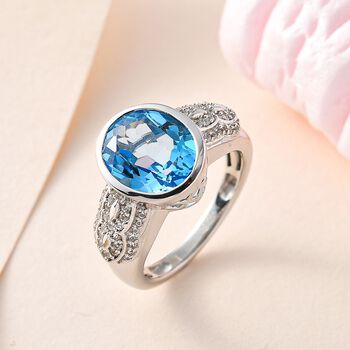 Elektrischer Blau Topas, wei&szlig;er Zirkon Ring, 925 Silber platiniert (Gr&ouml;&szlig;e 19.00) ca. 5.00 ct