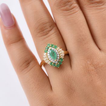 Djoy Kagem Sambischer Smaragd, Moissanit Ring 925 Silber 750 Gelbgold Vermeil (Gr&ouml;&szlig;e 20.00) ca. 1.31 ct