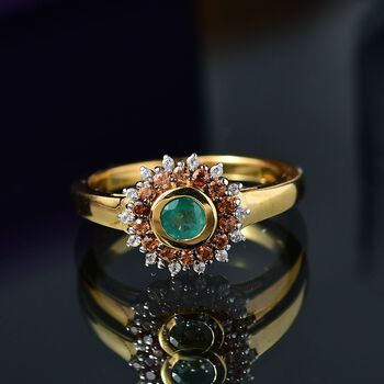 Regal Halo - D joy Kagem Sambischer Smaragd, Brauner Zirkon Ring 925 Silber 750 Gelb Vergoldet (Gr&ouml;&szlig;e 17.00) ca. 0.70 ct