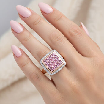 Luxuriant - AA Lab Grown Rosa Saphir, Wei&szlig;er Zirkon Ring 925 Silber 750 Ros&eacute;gold Vermeil (Gr&ouml;&szlig;e 18.00) ca. 2.24 ct