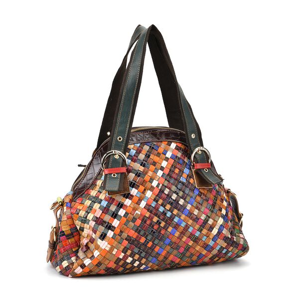 Mehrfarbiges schulterfreies gesmoktes Kleid mit G&uuml;rtel und Chaos by Elsie Echtleder Crossbody Tasche mit RFID und Mini-Blitzlampe image number 12