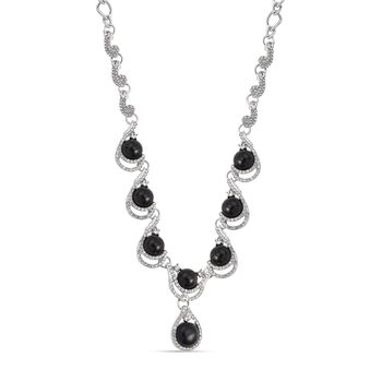 Schwarzes Obsidian, wei&szlig;es Kristall Collier, ca. 50 cm + 5 cm Extender
