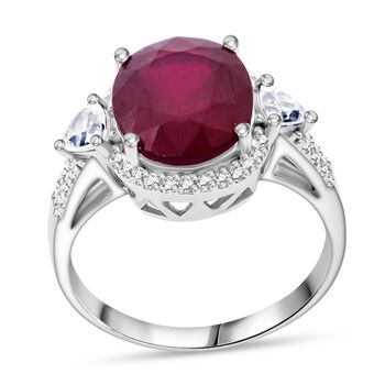 Afrikanischer Rubin (Fissure gef&uuml;llt), Wei&szlig;er Zirkon Ring 925 Silber rhodiniert (Gr&ouml;&szlig;e 19.00) ca. 4.90 ct