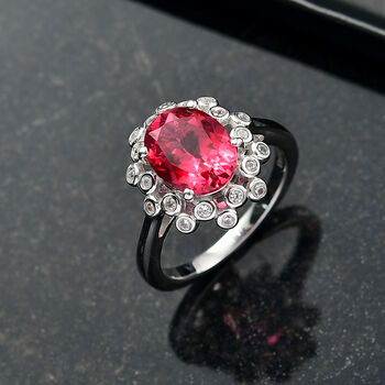 D'joy Lab Grown Padparadscha-Saphir, Wei&szlig;er Zirkon Ring 925 Silber rhodiniert (Gr&ouml;&szlig;e 19.00) ca. 4.02 ct