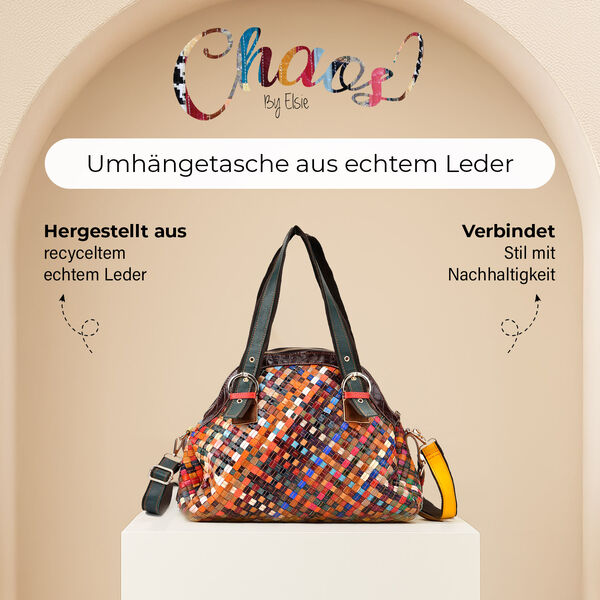 Mehrfarbiges schulterfreies gesmoktes Kleid mit G&uuml;rtel und Chaos by Elsie Echtleder Crossbody Tasche mit RFID und Mini-Blitzlampe image number 8
