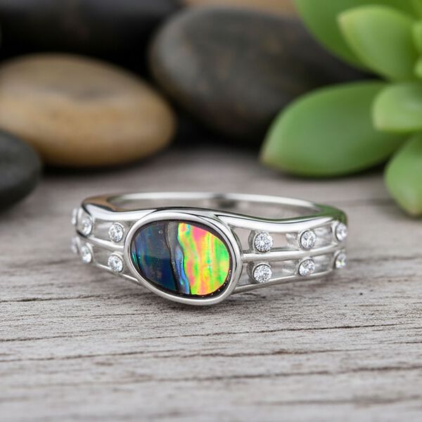 J Francis gefertigt mit SWAROVSKI- Abalone Muschel und wei&szlig;er Kristall Ring und Ohrringe image number 9