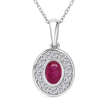 Nat&uuml;rlicher burmesischer Rubin, Wei&szlig;er Zirkon Anh&auml;nger mit Kette ca. 50 cm, 925 Silber rhodiniert ca. 1.29 ct