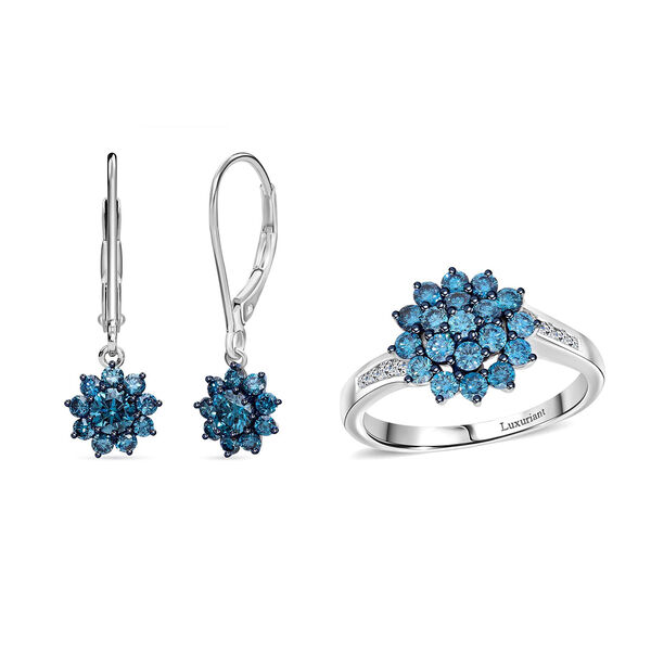 LUXURIANT DIAMOND- SGL zertifizierter SI-GH Labor blauer und wei&szlig;er Diamant Ring und Ohrringe