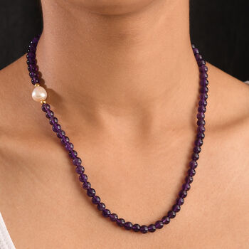 Afrikanischer Amethyst, Wei&szlig;e Barockperle Halskette ca. 45 cm, Nickelfreies Messing gelb vergoldet