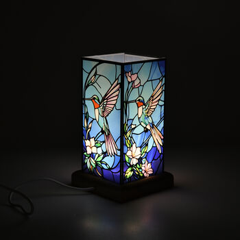 LED Lampe mit Kolibri Design, Eschenholz und Acryl, USB Anschluss, Mehrfarbig