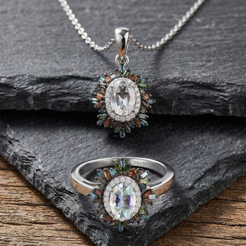 D'Joy AAA Premium Malagasy Mondstein und mehrfarbiger Diamant Ring und Anh&auml;nger mit 50cm Kette