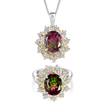 D'Joy Wassermelonen Triplett Quarz und Zirkon zweifarbiger Ring und Anh&auml;nger mit 45cm Kette