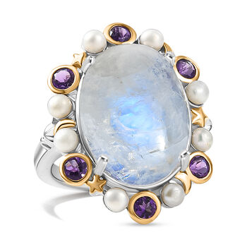 GP - Regenbogen Mondstein, S&uuml;&szlig;wasser Perle (3mm) Ring 925 Silber Rhodiniert und 750 Gelbgold Vermeil (Gr&ouml;&szlig;e 20.00) ca 14.83 crt 14.82 ct