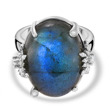 GP Kollektion - AAA Labradorit, Wei&szlig;er Zirkon Ring 925 Silber rhodiniert (Gr&ouml;&szlig;e 17.00) ca. 18,65 ct