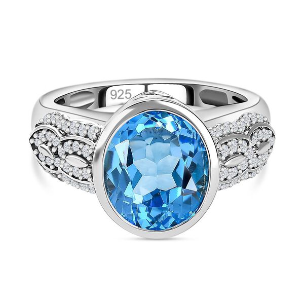 Elektrischer Blau Topas, wei&szlig;er Zirkon Ring, 925 Silber platiniert (Gr&ouml;&szlig;e 19.00) ca. 5.00 ct