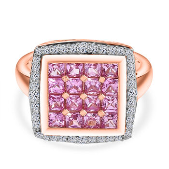 Luxuriant - AA Lab Grown Rosa Saphir, Wei&szlig;er Zirkon Ring 925 Silber 750 Ros&eacute;gold Vermeil (Gr&ouml;&szlig;e 18.00) ca. 2.24 ct