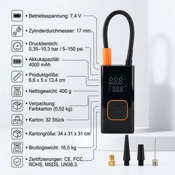 Tragbare Luftpumpe, 7.4V, 0,35 bis 10,3 Bar, 4000mAh, Schwarz Orange
