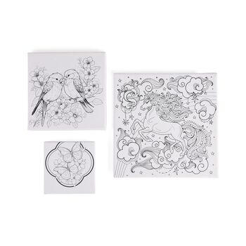 Leinwand-Malset - 3-teiliges Set mit Schmetterlings-, Elster- und Einhornmotiv, inklusive Farben, Mischpalette und Pinseln