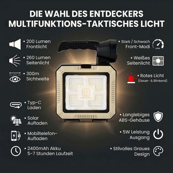 Multifunktionsleuchte mit Werkzeugset, Solarpanel, 300m Reichweite, Schwarz-Beige
