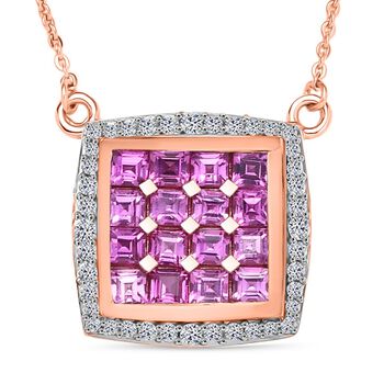 AA Lab Grown Rosa Saphir, Wei&szlig;er Zirkon Halskette ca. 50 cm 925 Silber 750 Ros&eacute;gold Vermeil ca. 2.59 ct