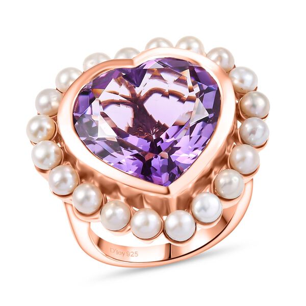 D'Joy AA Rosa Amethyst, S&uuml;&szlig;wasser Perle (3.5mm) Ring 925 Silber 750 Ros&eacute;gold Vermeil (Gr&ouml;&szlig;e 17.00) 22.90 ct image number 4