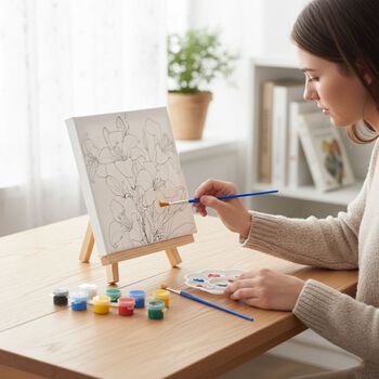 Leinwand-Malset - 3-teiliges Set mit Rosen-, G&auml;nsebl&uuml;mchen- und Lilienmotiv, inklusive Farben, Mischpalette und Pinseln