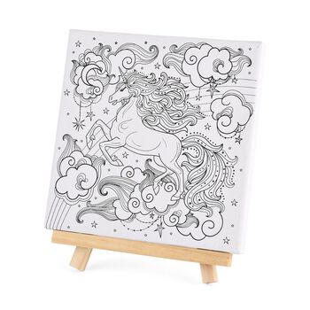 Leinwand-Malset - 3-teiliges Set mit Schmetterlings-, Elster- und Einhornmotiv, inklusive Farben, Mischpalette und Pinseln