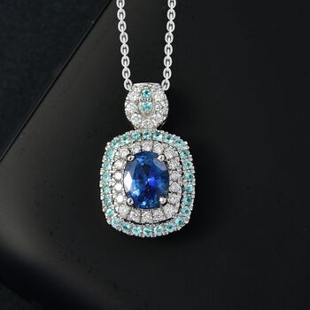 RHAPSODY zertifiziert und gepr&uuml;ft AAAA ceylonfarbener blauer Saphir, Paraiba Turmalin und VS Diamant Anh&auml;nger mit 45cm Kette in 950 Platin - 2 ct.