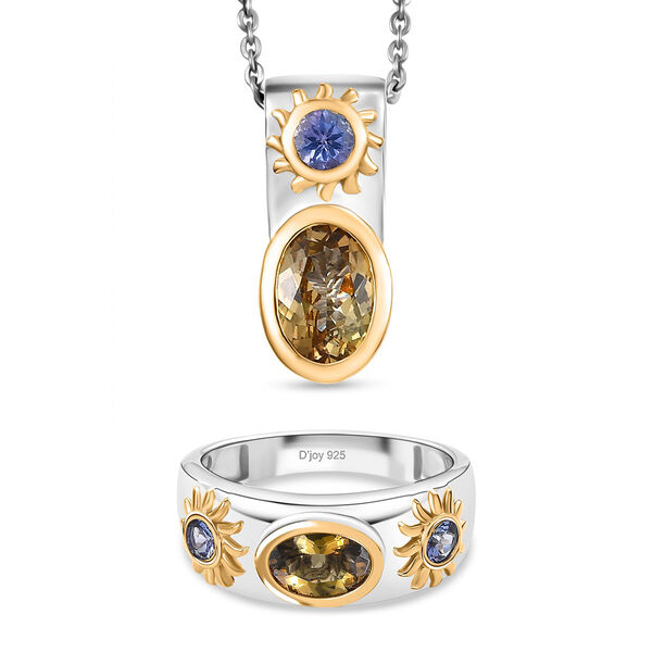 D'Joy goldener Tansanit und lila Tansanit zweifrabiger Ring und Anh&auml;nger mit 50cm Kette