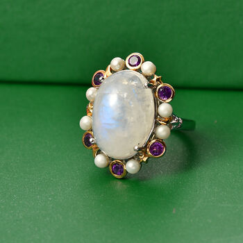 GP - Regenbogen Mondstein, S&uuml;&szlig;wasser Perle (3mm) Ring 925 Silber Rhodiniert und 750 Gelbgold Vermeil (Gr&ouml;&szlig;e 20.00) ca 14.83 crt 14.82 ct