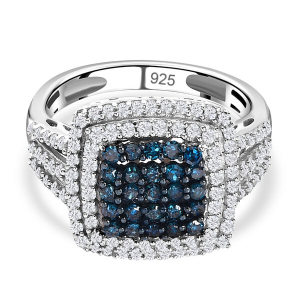 Blauer und wei&szlig;er Diamant Ring, 925 Silber platiniert (Gr&ouml;&szlig;e 20.00) ca. 1.00 ct