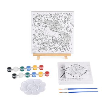Leinwand-Malset - 3-teiliges Set mit Schmetterlings-, Elster- und Einhornmotiv, inklusive Farben, Mischpalette und Pinseln