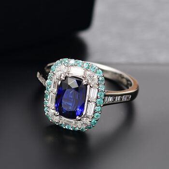 RHAPSODY zertifiziert und gepr&uuml;ft AAAA ceylonfarbener blauer Saphir, Paraiba Turmalin und VS Diamant Ring in 950 Platin - 3,94 ct.