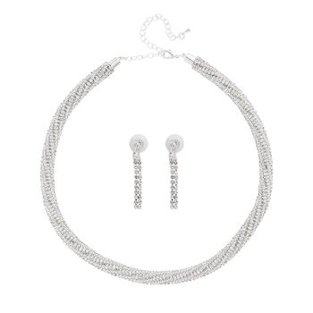 2er Set - Wei&szlig;es Kristall Ohrringe und Halskette Schmuckset, reines Messing