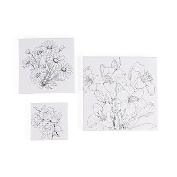 Leinwand-Malset - 3-teiliges Set mit Rosen-, G&auml;nsebl&uuml;mchen- und Lilienmotiv, inklusive Farben, Mischpalette und Pinseln