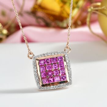 AA Lab Grown Rosa Saphir, Wei&szlig;er Zirkon Halskette ca. 50 cm 925 Silber 750 Ros&eacute;gold Vermeil ca. 2.59 ct