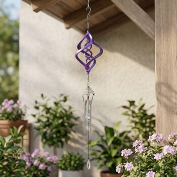 3D Windspiel, Aluminium und Kristall, 10,3x10,3x61cm, Blau-Violette