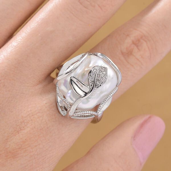Wei&szlig;e S&uuml;&szlig;wasserperle und Zirkonia Ohrringe und flexibler Ring image number 10