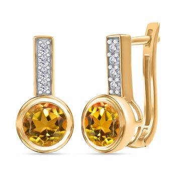 D'Joy Sphaleros Quarz, Wei&szlig;er Zirkon Ohrringe 925 Silber 750 Gelb Vergoldet ca. 3.32 ct