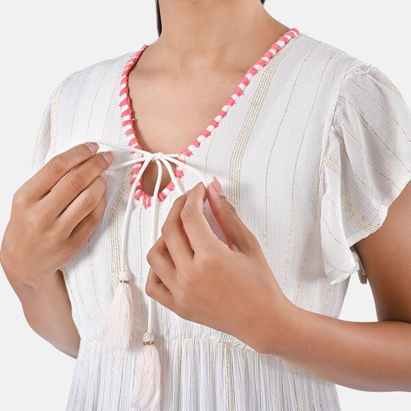 Maxikleid aus Viskose-Crepe mit Lurex Ombre-Schal mit Quasten aus Poly-Seide-Modal und Crossbody Tasche Rosa image number 7