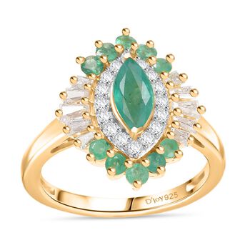 Djoy Kagem Sambischer Smaragd, Moissanit Ring 925 Silber 750 Gelbgold Vermeil (Gr&ouml;&szlig;e 20.00) ca. 1.31 ct