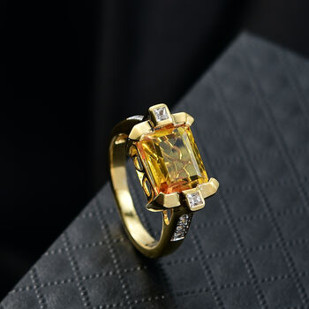 Feuerrahmen-Design - D'Joy Sphaleros Quarz, Wei&szlig;er Zirkon Ring. 925 Silber 750 Gelb Vergoldet (Gr&ouml;&szlig;e 18.00) ca. 4.20 ct