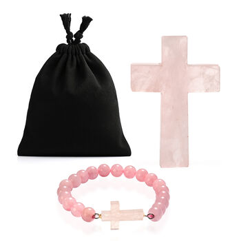 LIVMORE Rosenquarz Edelstein Kreuz mit Armband und Kreuz Anh&auml;nger, 7,62 cm