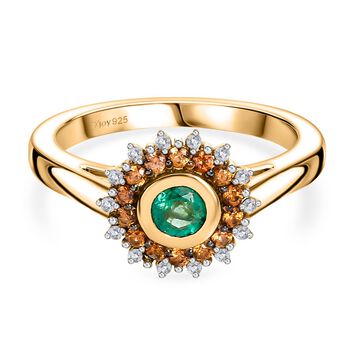 Regal Halo - D joy Kagem Sambischer Smaragd, Brauner Zirkon Ring 925 Silber 750 Gelb Vergoldet (Gr&ouml;&szlig;e 17.00) ca. 0.70 ct
